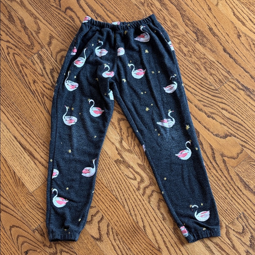 Chaser Black Plush Lounge Pants with Pink Swan Detail